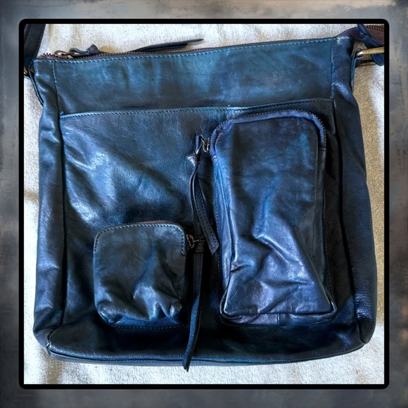 ESTALON Teal Blue Green Slightly Distressed Leather Crossbody Bag - Picture 2 of 6